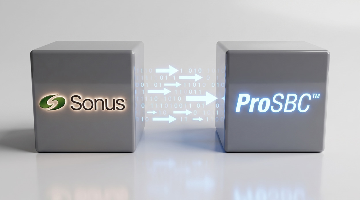 A Sonus SBC cube and a ProSBC cube with glowing ones and zeros and directional arrows flowing between them, representing the migration process from legacy Sonus session border controller infrastructure to ProSBC
