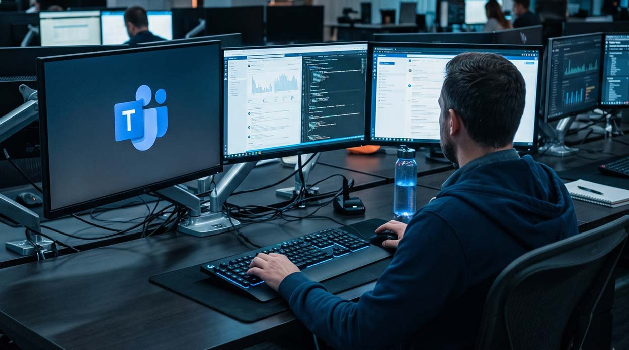 Un hombre trabajando en una estación de trabajo con el logotipo de Teams Direct Routing visible, representando Microsoft Teams Direct Routing como servicio gestionado