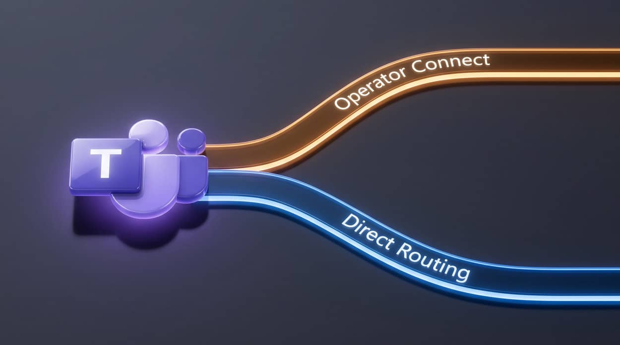 Microsoft Teams logo with two glowing paths labeled Operator Connect and Direct Routing, representing the choice between the two Teams PSTN connectivity options
