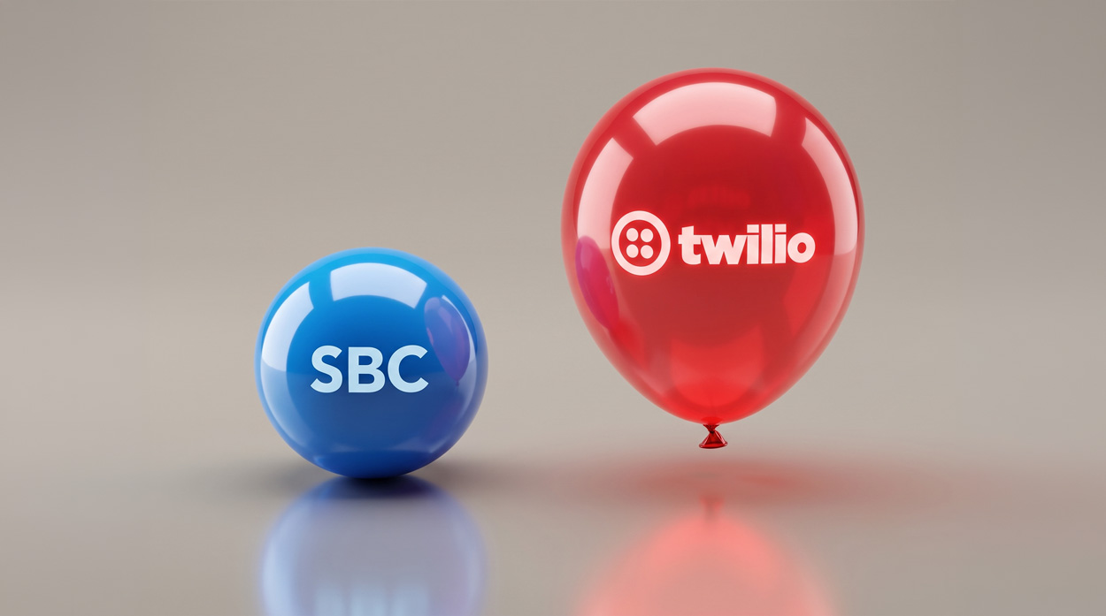 A small fixed blue rubber ball labeled SBC beside a large inflated red balloon with the Twilio logo, representing the difference between a flat SBC cost and a growing per-minute CPaaS bill at scale