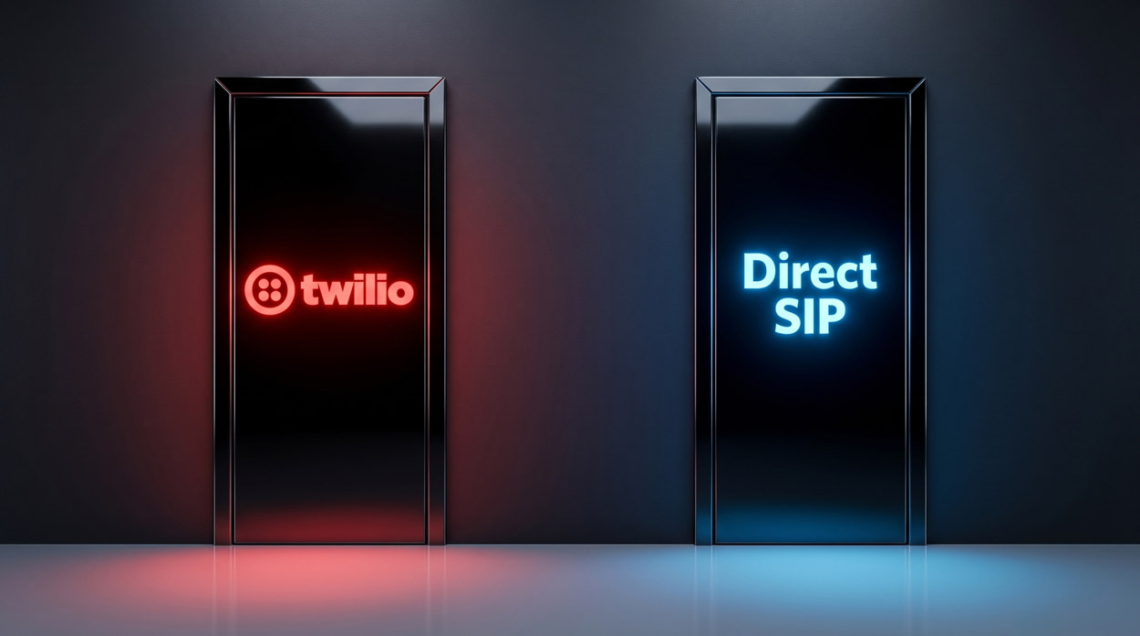 Two futuristic doors set into a wall, one displaying the Twilio logo in red and one labeled Direct SIP in blue, representing the choice between a CPaaS platform and a direct SIP trunk deployment