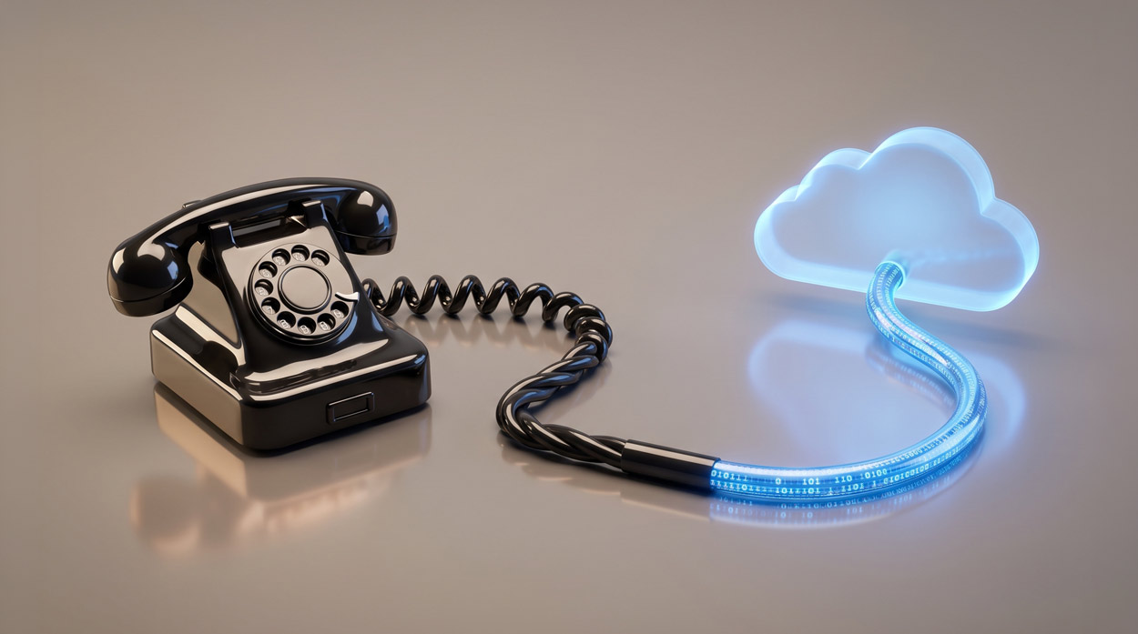 A rotary phone with a black cable transforming into a glowing fiber optic cable carrying ones and zeros connecting to a holographic cloud, representing the conversion from TDM legacy telephony to IP voice networks