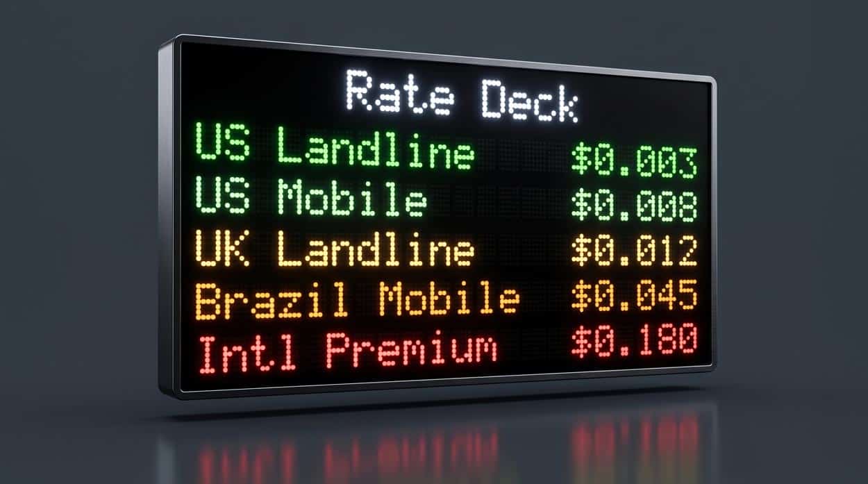 A financial-style display board showing a VoIP termination rate deck with destinations including US Landline, US Mobile, UK Landline, Brazil Mobile, and International Premium with per-minute rates color-coded from green to red by cost