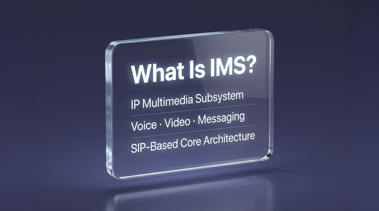A glass panel displaying What Is IMS with IP Multimedia Subsystem and labels for voice video messaging and SIP-based core architecture, representing an overview of the IMS network architecture for voice engineers
