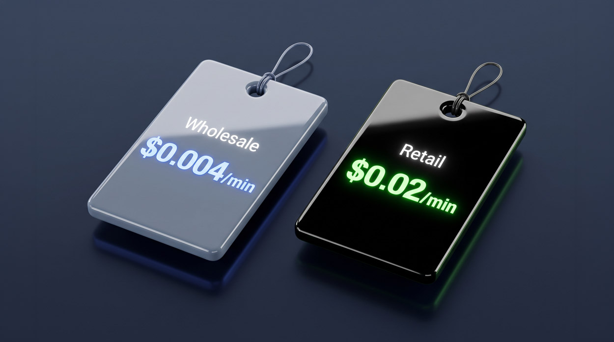 Deux étiquettes de prix côte à côte montrant un tarif de gros inférieur et un tarif de détail supérieur, représentant le modèle de marge du revendeur dans le SIP trunking en gros