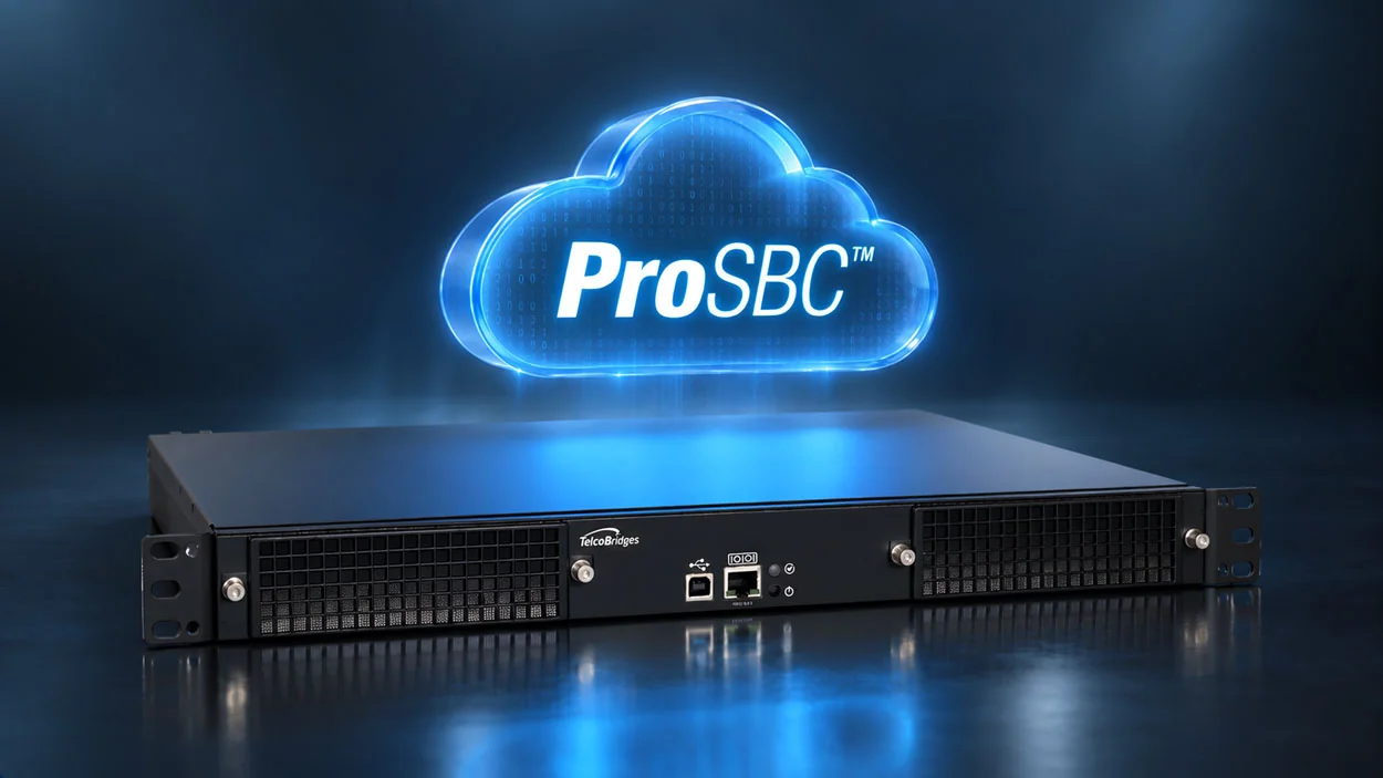 TelcoBridges Tmedia 1U media gateway with a glowing ProSBC logo in a cloud above it, showing ProSBC software running on the gateway